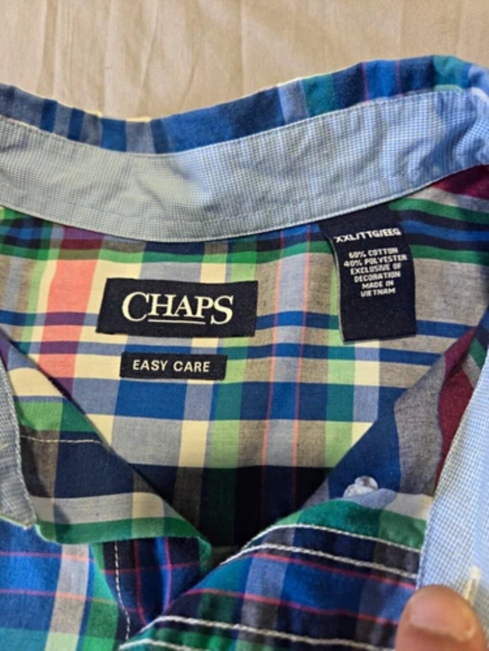 Chaps Mens Short Sleeve Button Down Shirt XXL Blue Green Plaid Casual Pocket Tee